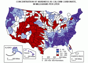 A map of the concentration of water hardness as calcium carbonate. Source: U.S. Geological Survey.