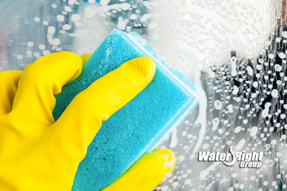 person scrubbing soap scum from hard water