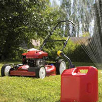 red lawn mower and gas can